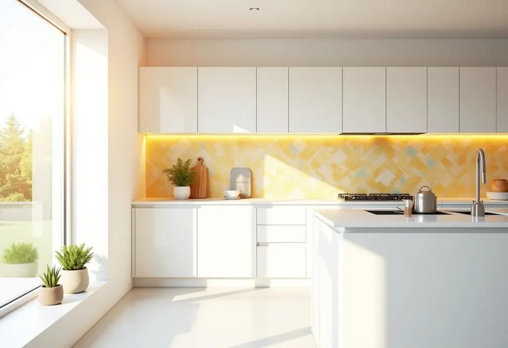 Cozinha com ladrilho: o segredo para um ambiente moderno Cozinha moderna com ladrilho colorido na parede