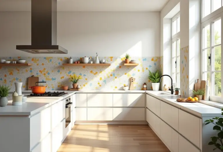 Cozinha moderna com ladrilhos coloridos na parede