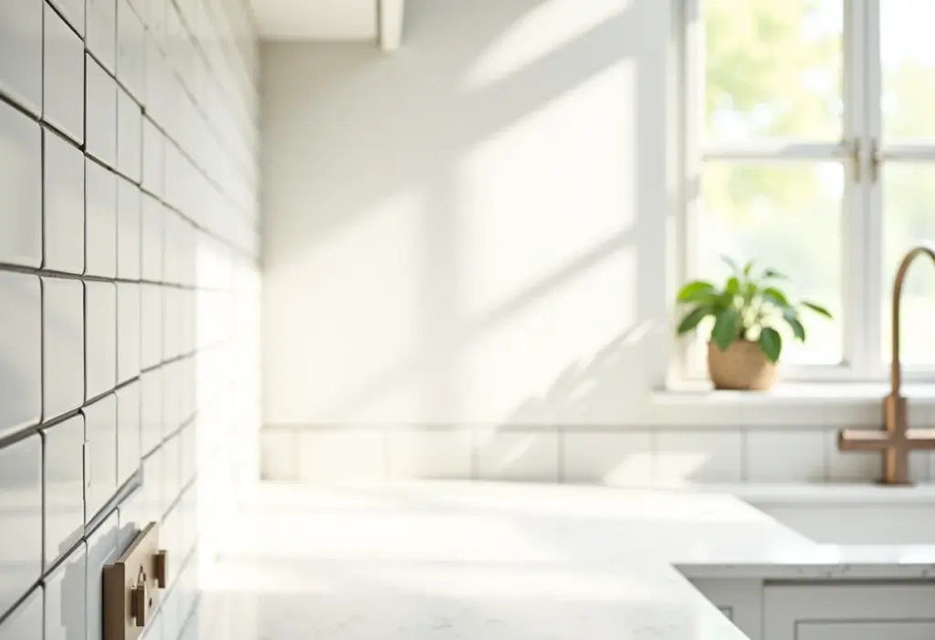 Cozinha moderna com parede de ladrilho vibrante