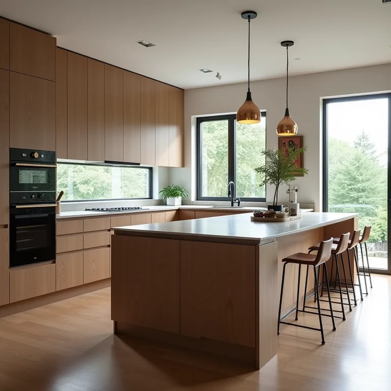 Cozinha pequena com ilha desproporcional, dificultando a circulação