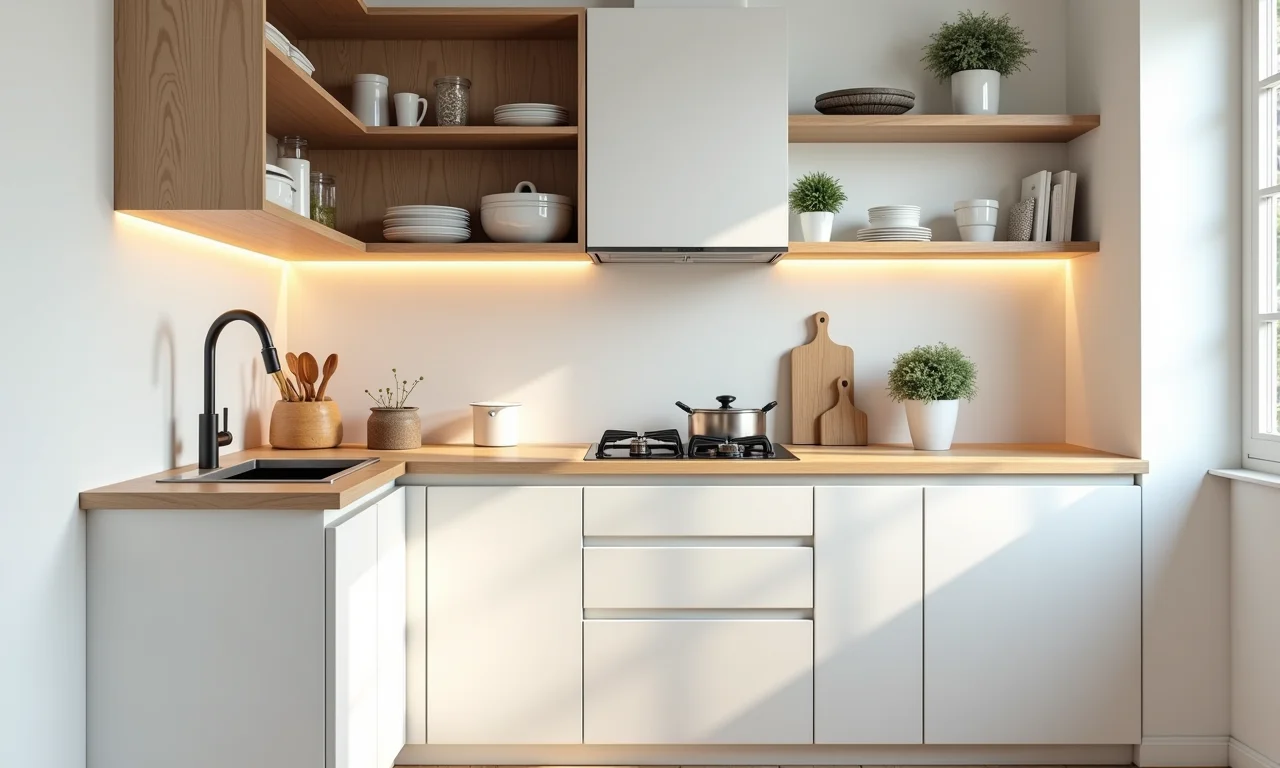 Cozinha pequena planejada em U com soluções inteligentes de armazenamento.