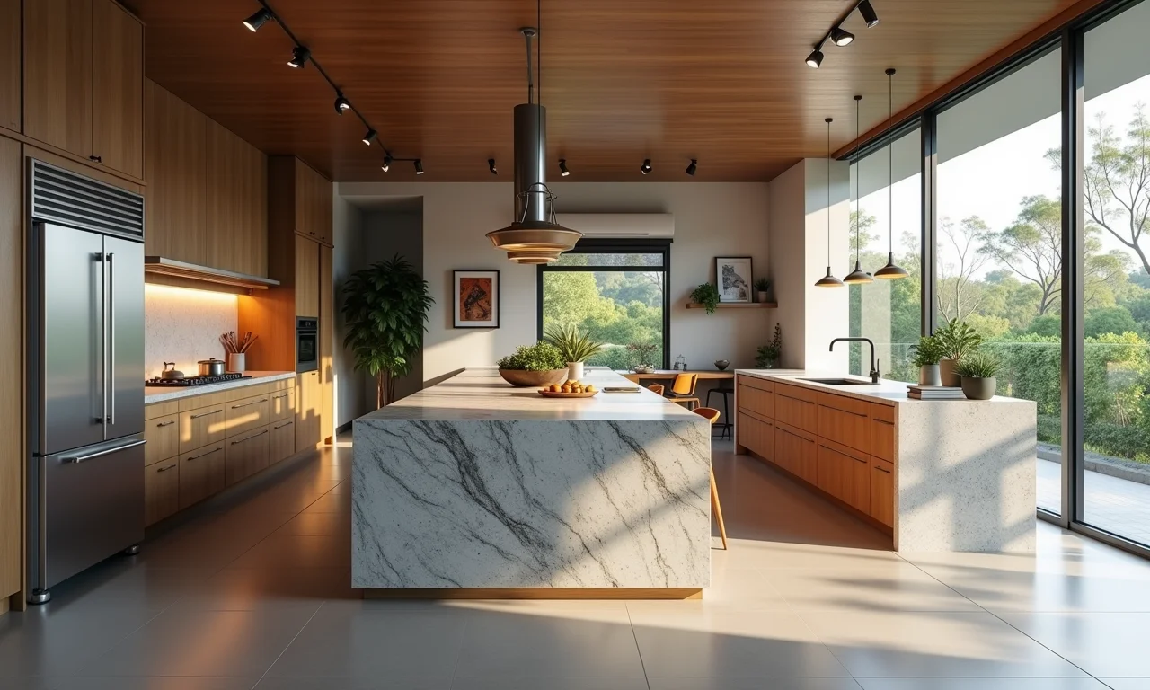 Cozinha planejada com bancada de granito e ilha central, design brasileiro autêntico.