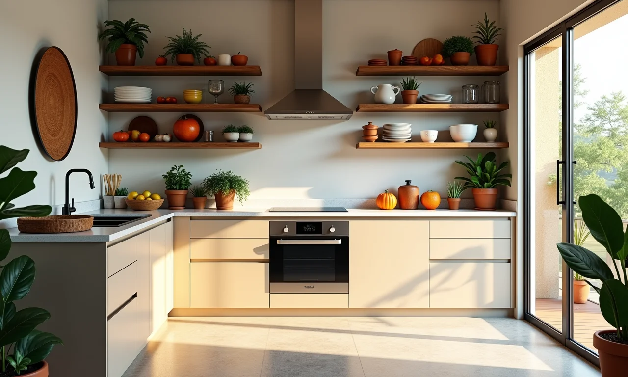 Cozinha planejada em U com design brasileiro vibrante e iluminação natural.