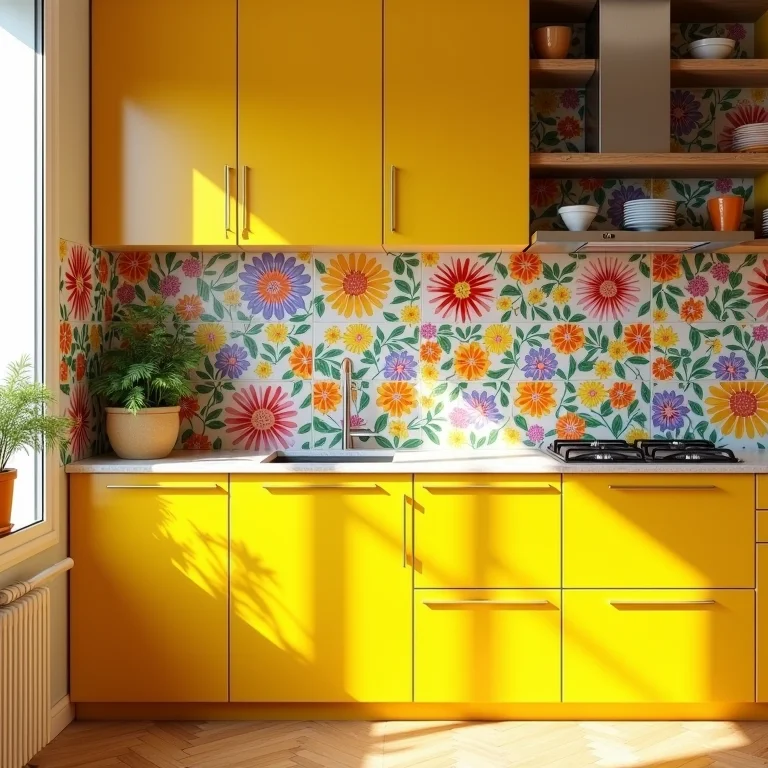 Cozinha vibrante com ladrilho colorido