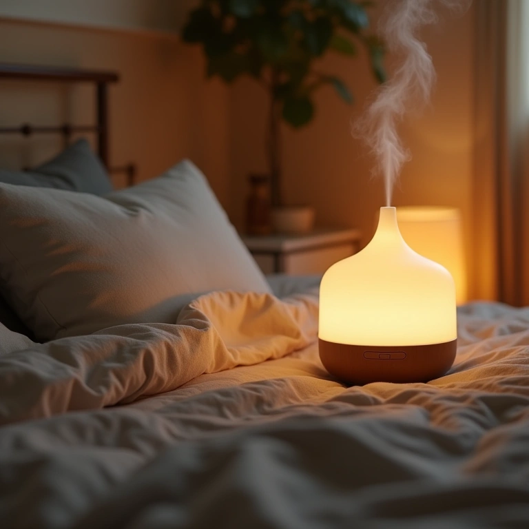 Quarto aconchegante com difusor de aromaterapia.