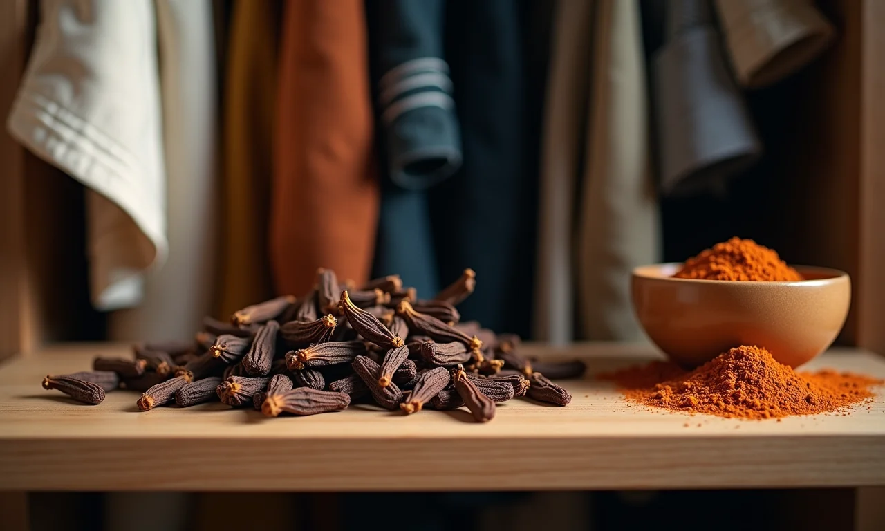 Cravos-da-índia espalhados em prateleira dentro de armário com roupas.
