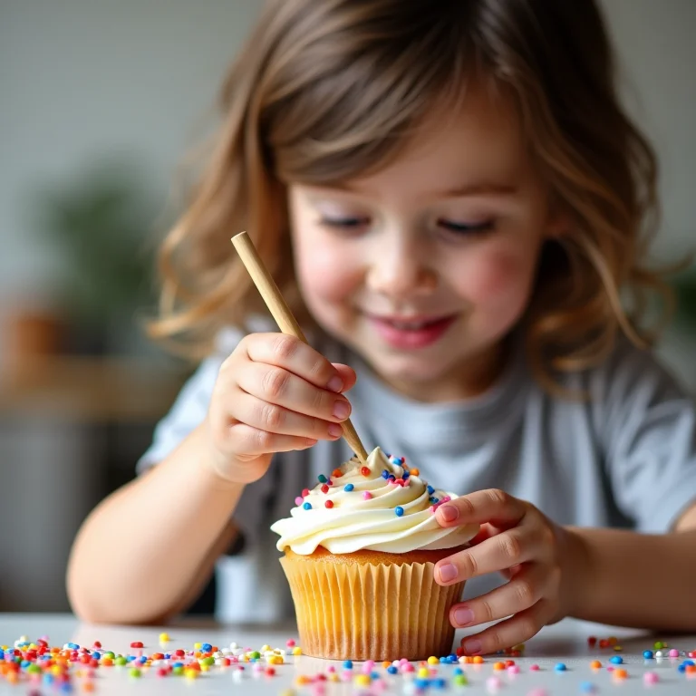 Criança decorando cupcake com confeitos coloridos