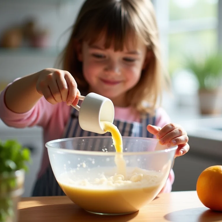 Criança desenvolvendo habilidades motoras na cozinha
