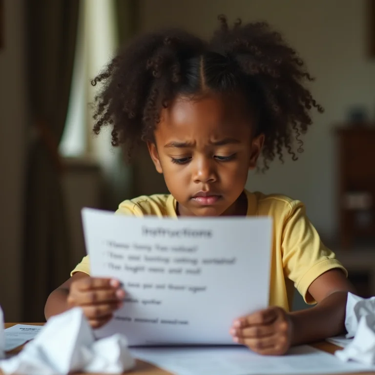 Criança negra confusa olhando para uma lista de instruções, com expressão frustrada.