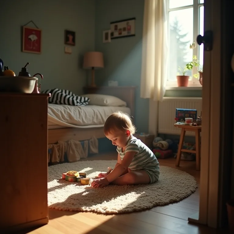 Criança tentando brincar em um quarto pequeno e desorganizado
