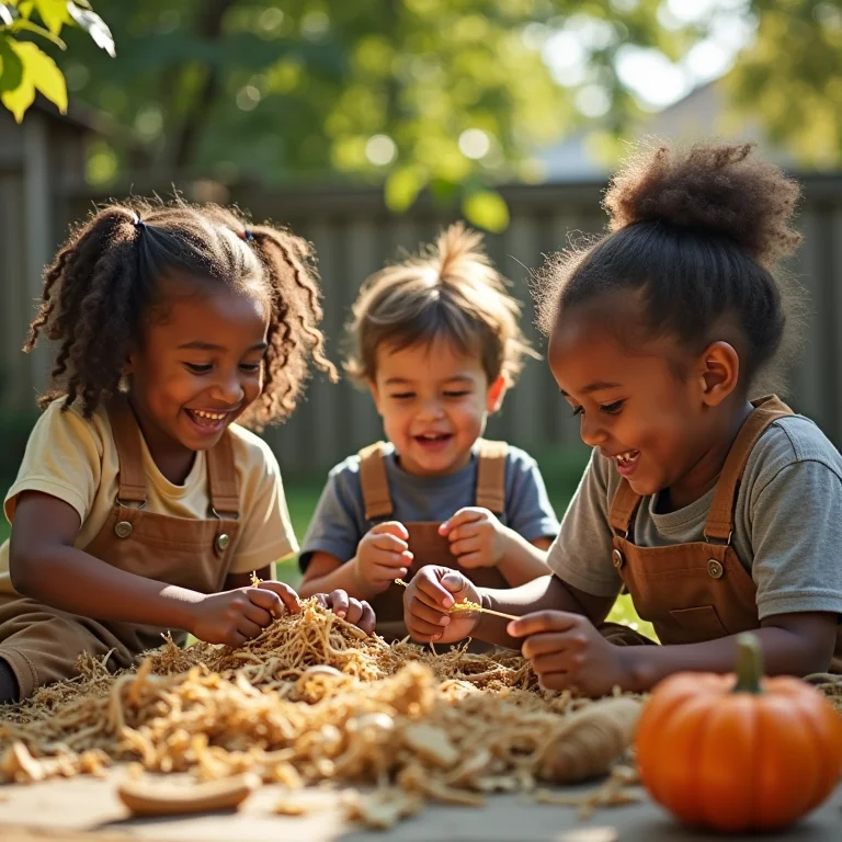 Crianças diversas criando espantalhos divertidos com materiais reciclados