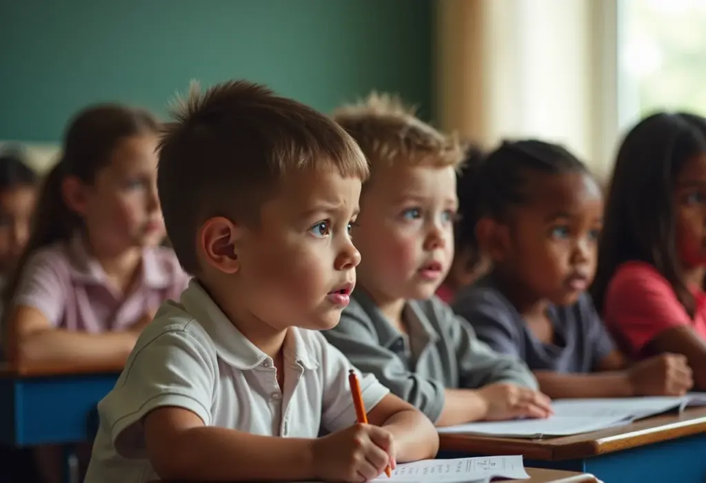 Dificuldade de aprendizagem: 5 sinais de alerta na escola Crianças em sala de aula com diferentes expressões, representando dificuldades de aprendizagem.