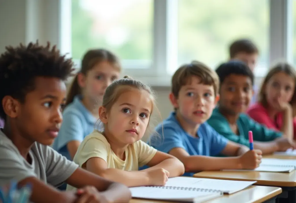 Crianças em sala de aula com expressões de dúvida e concentração.