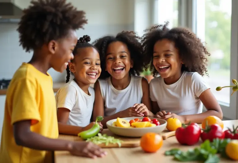 Crianças preparando salada de frutas na cozinha