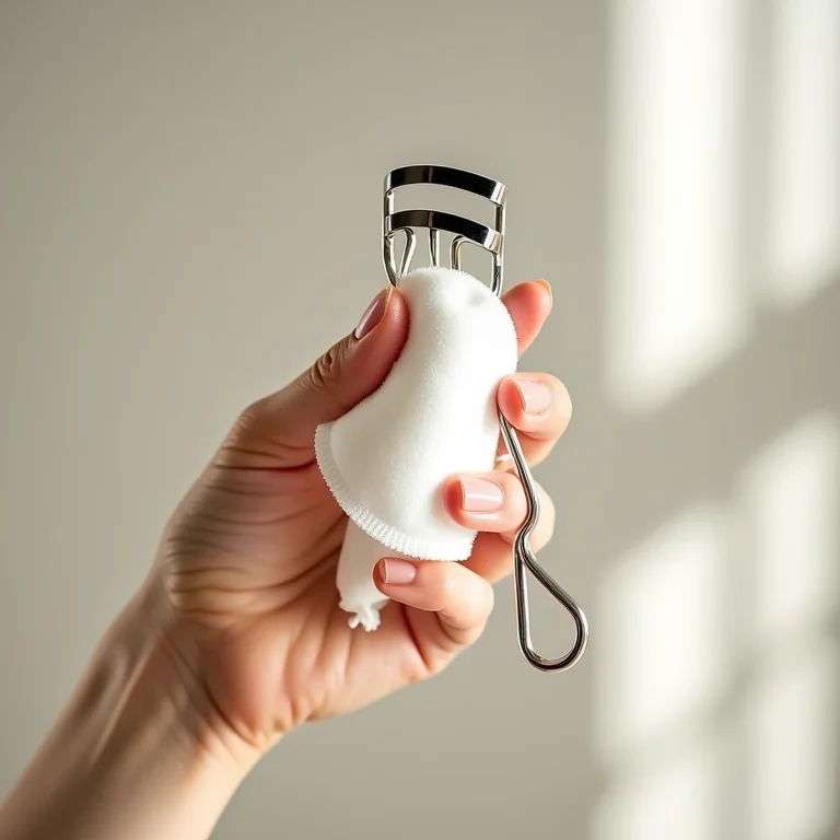 Curvador de cílios sendo limpo com algodão e água micelar