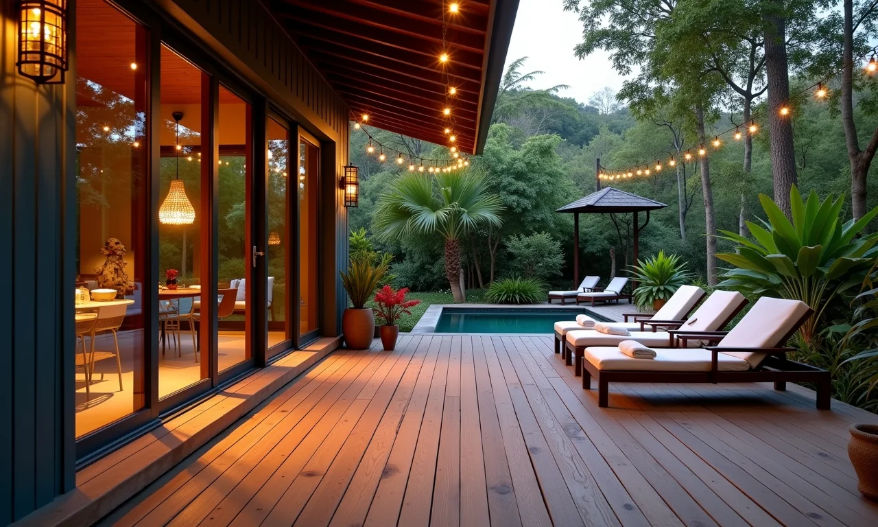 Deck aconchegante com piso de madeira, sofisticado e convidativo.