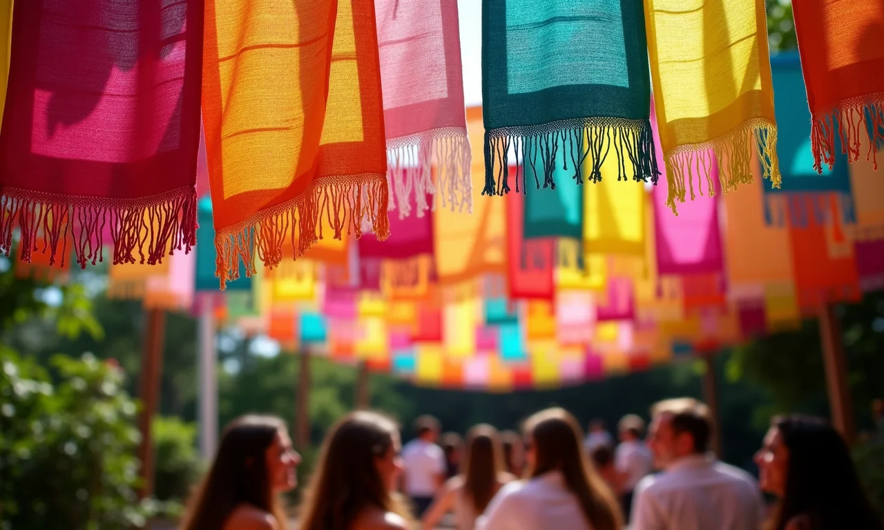 Decoração com tecido de chita vibrante em festa junina empresarial.