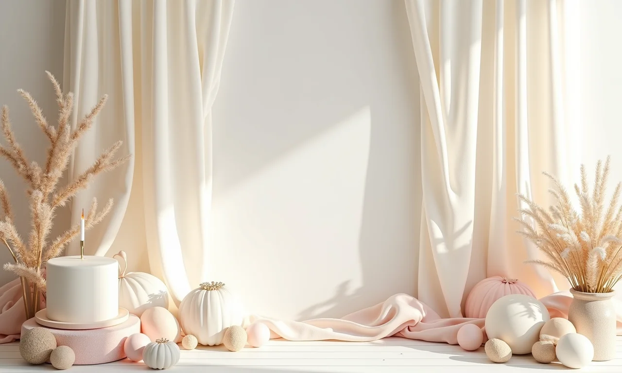 Decoração de batizado com paleta de cores suaves em tons de branco, bege e pastel.