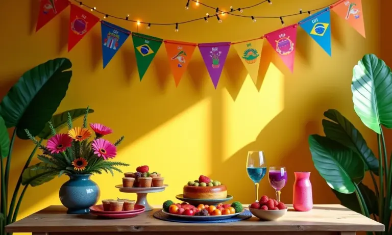 Decoração de Festa Junina em casa com bandeirinhas coloridas e flores de papel.