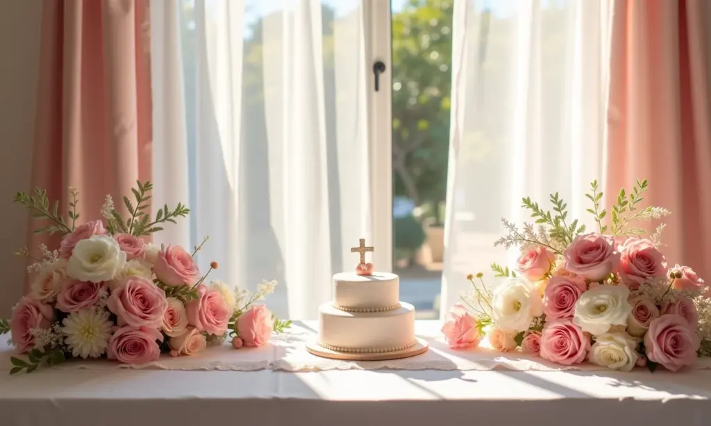 Decoração elegante para batizado com detalhes delicados e paleta de cores suaves.