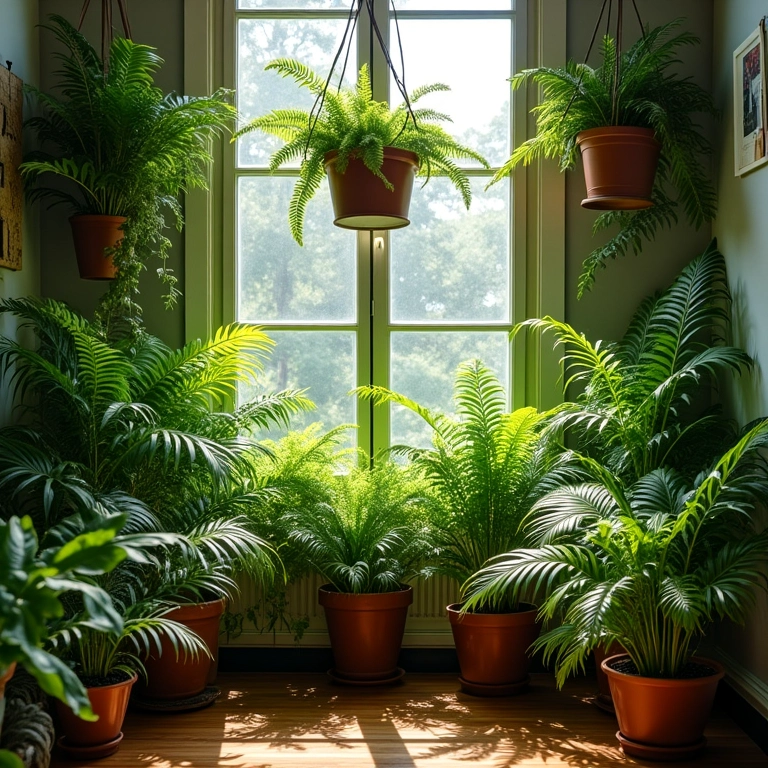 Decoração exuberante com samambaias em casa brasileira iluminada pelo sol.