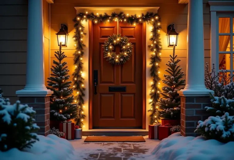 Decoração natalina elegante para porta de entrada com guirlanda e luzes