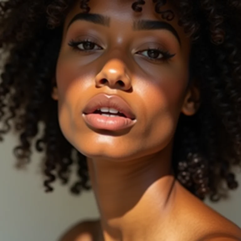 Definindo os lábios com lápis de boca nude.