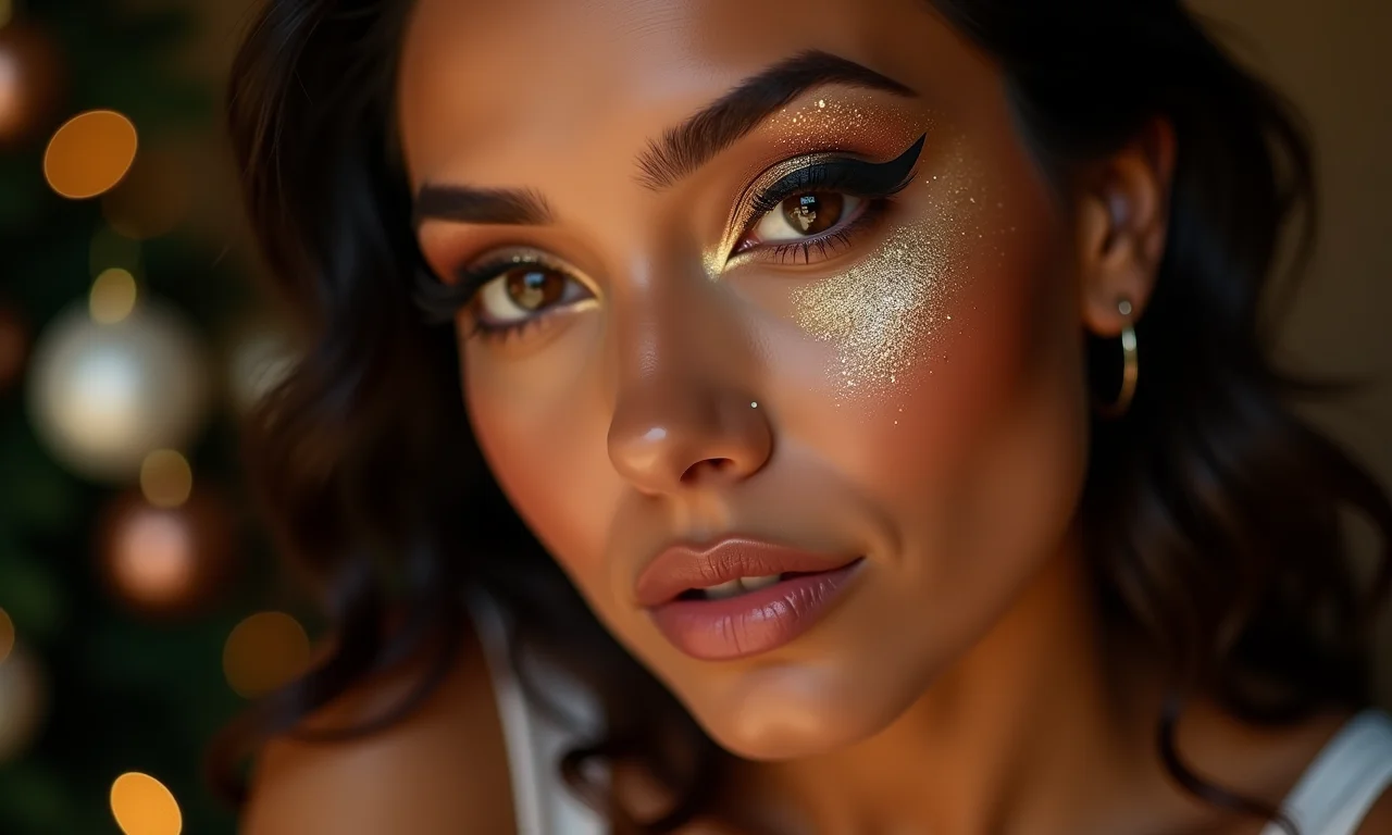 Delineado gatinho com glitter para o Natal.