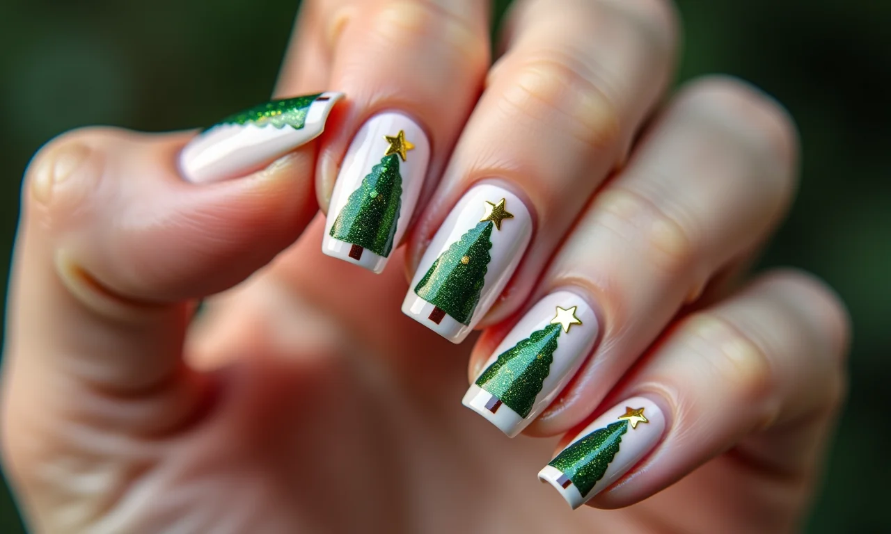 Desenhos de árvores de Natal nas unhas, um símbolo natalino em suas mãos.