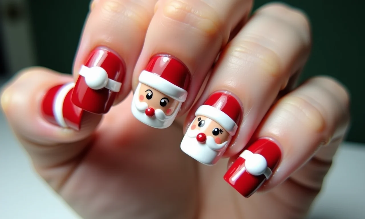 Desenhos de Papai Noel nas unhas, um toque divertido e infantil para o Natal.