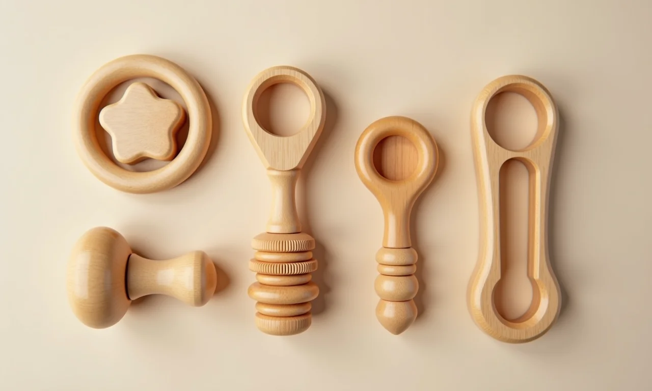 Design criativo de mordedores de madeira para bebês.