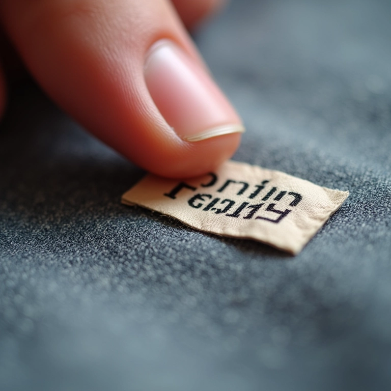 Detalhe da etiqueta da gramatura do tecido de calça de alfaiataria.