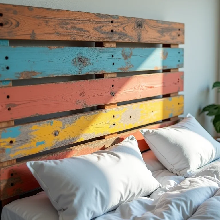 Detalhe da pintura criativa em uma cabeceira de pallet.