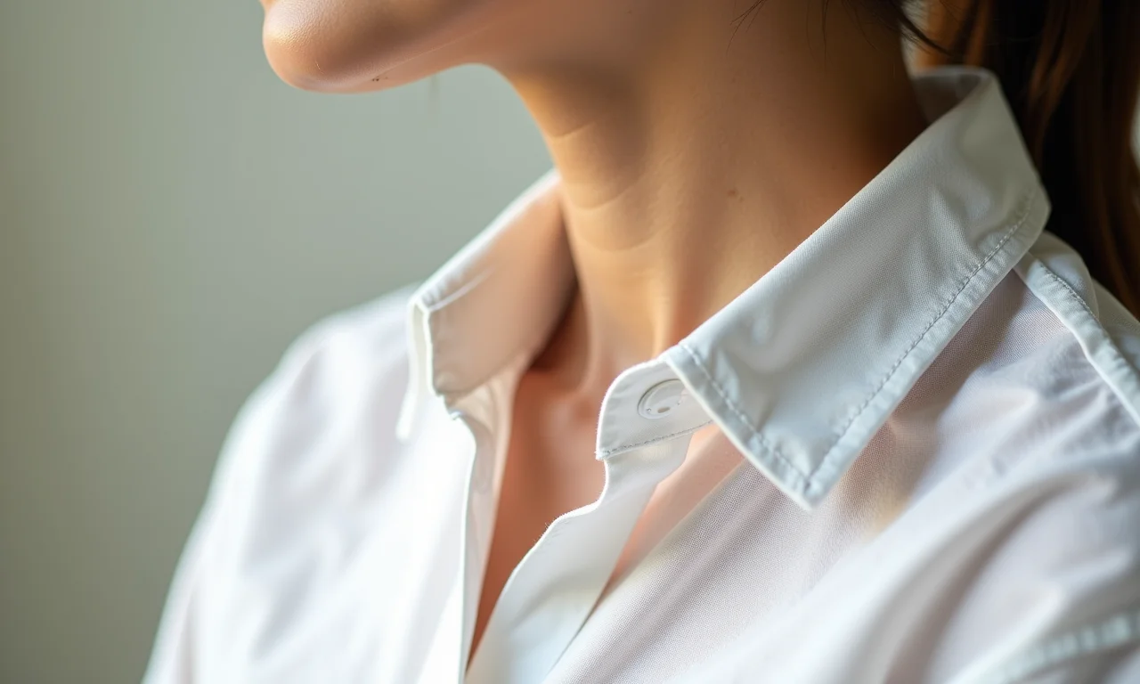 Detalhe da textura suave de uma camisa de linho em contato com a pele.