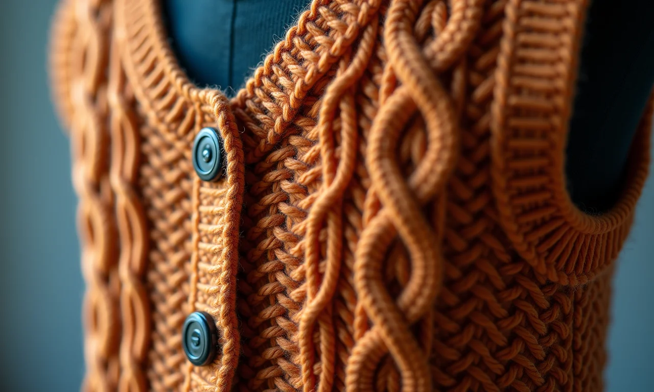 Detalhe da trama de um colete de tricot artesanal.