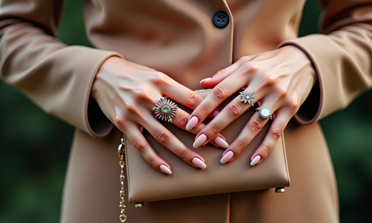 Detalhe das mãos de mulher com joias elegantes e clutch estilosa.