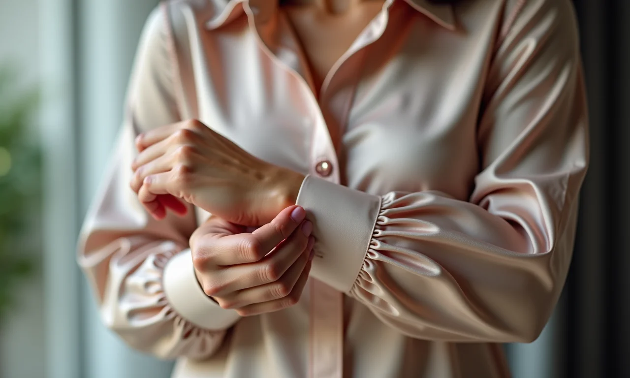 Detalhe das mãos de uma mulher ajustando o punho de uma blusa de seda com detalhes sofisticados.