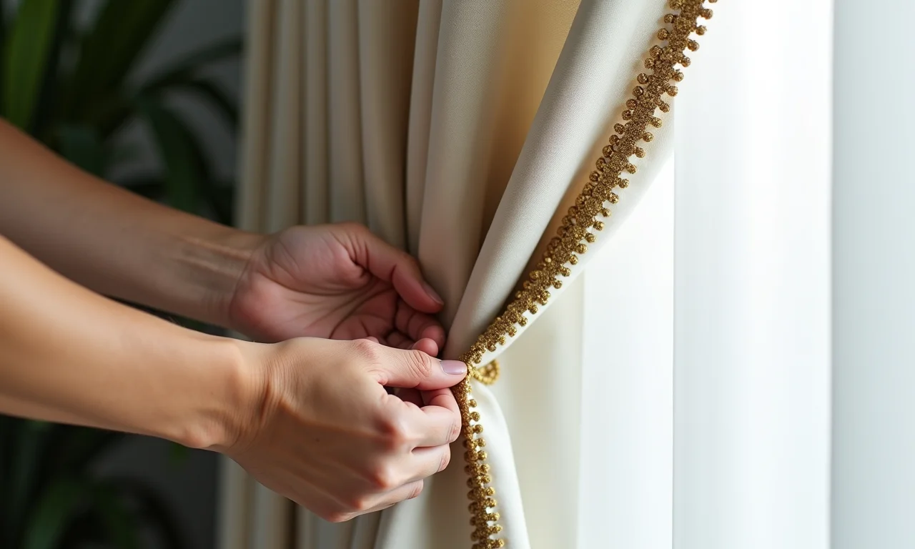 Detalhe de acabamento em cortina de tecido artesanal.