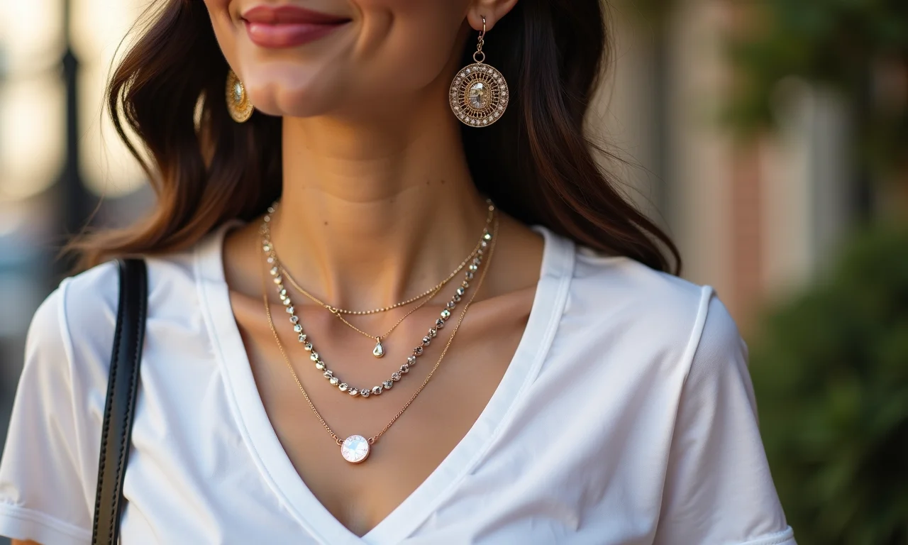 Detalhe de acessórios elegantes combinados com uma t-shirt básica.