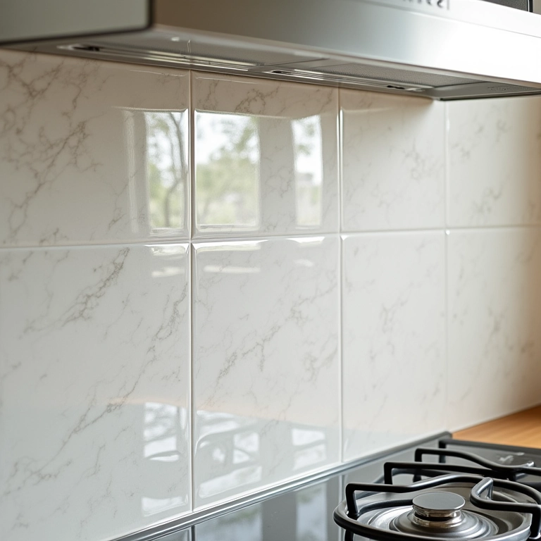 Detalhe de azulejo português resistente em backsplash de cozinha.