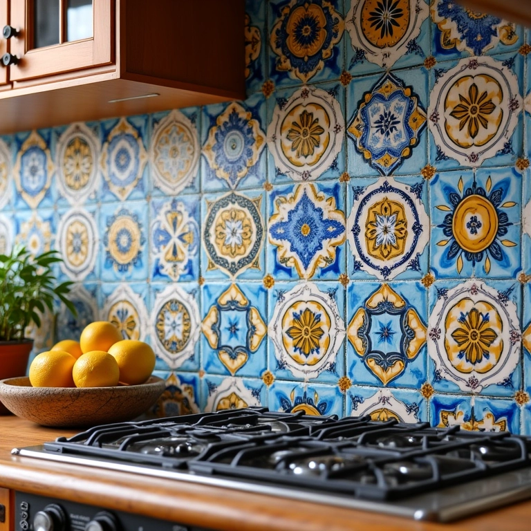 Detalhe de azulejos portugueses tradicionais na cozinha.