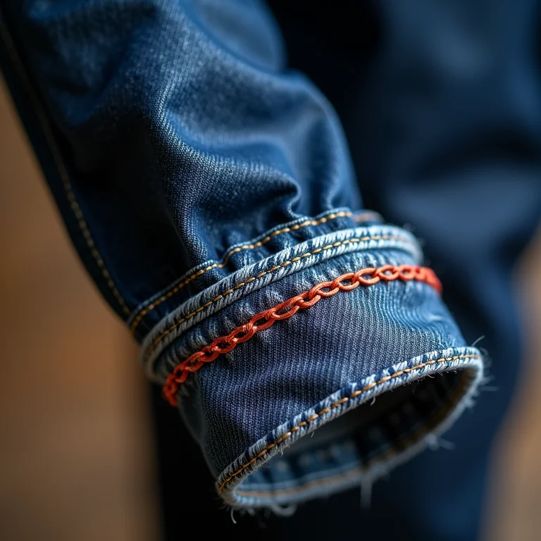 Detalhe de bordado ponto corrente em punho de jeans