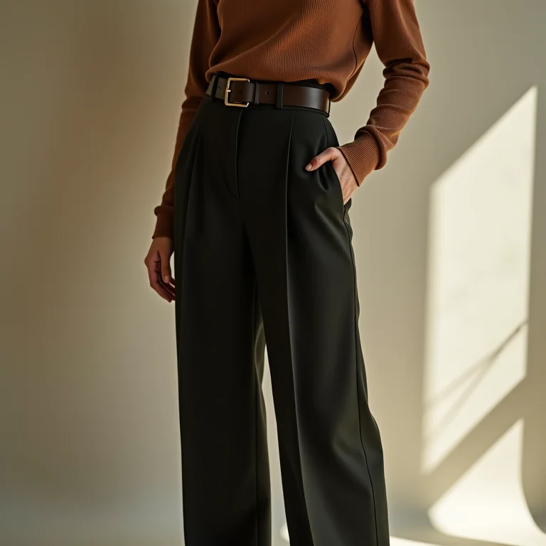 Detalhe de calça de alfaiataria com cinto na cintura alta