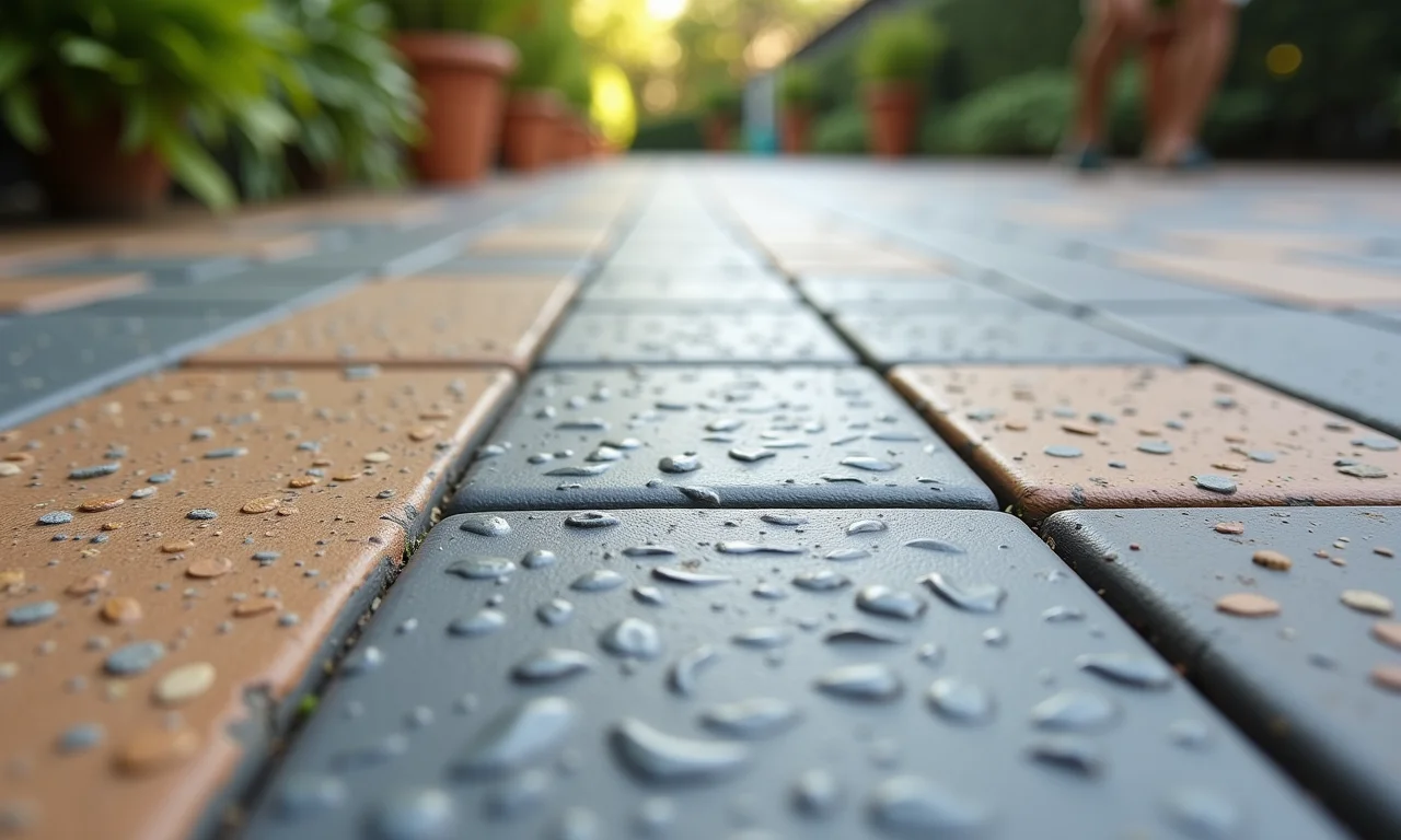 Detalhe de diferentes acabamentos antiderrapantes em piso de área externa.