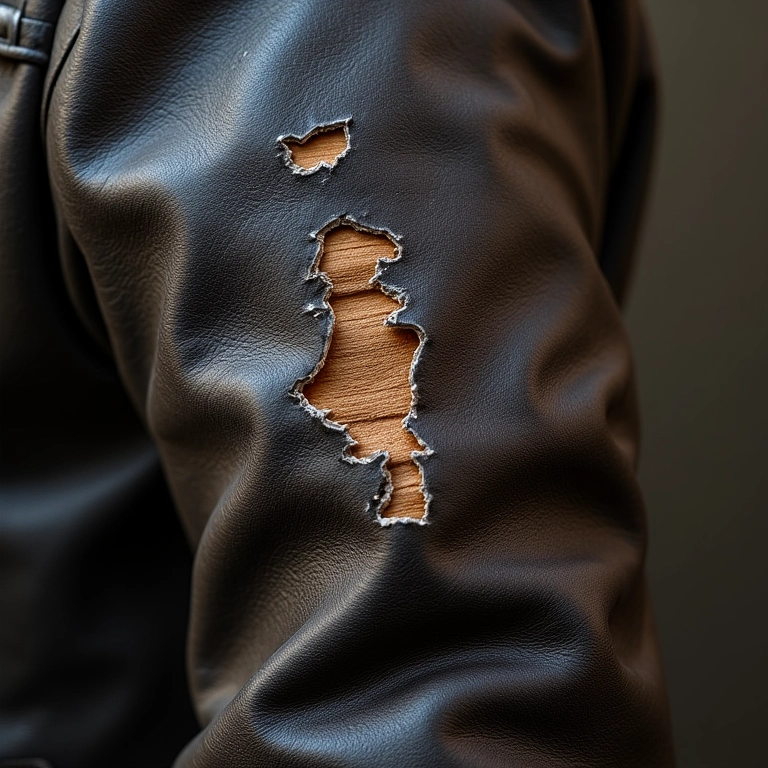 Detalhe de jaqueta de couro sintético descascando.
