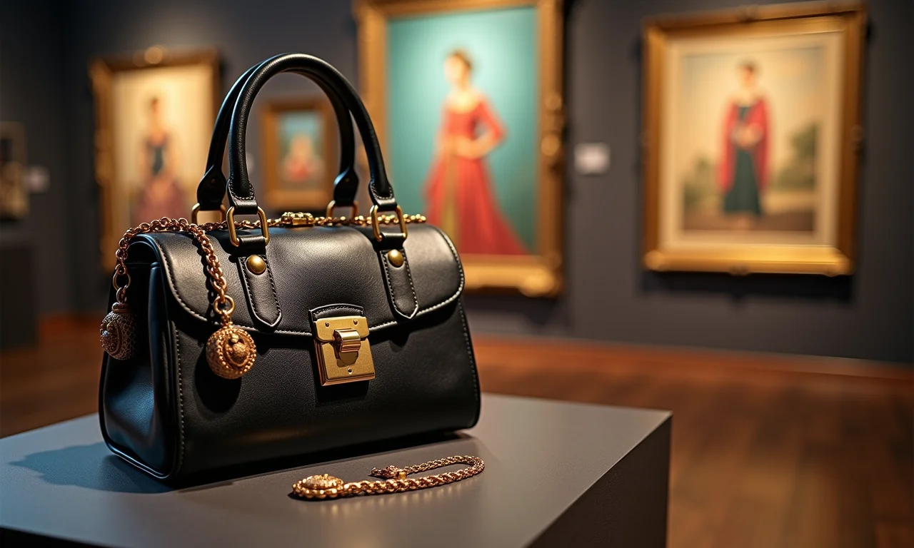 Detalhe de joias e bolsa elegante em exposição de arte.