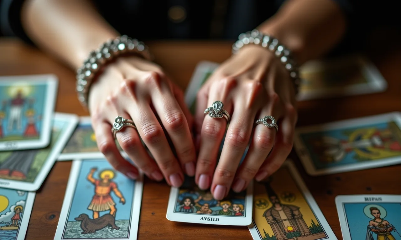 Detalhe de mãos com pulseiras e anéis delicados.