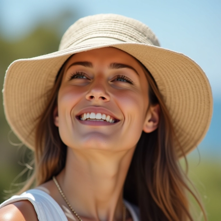 Detalhe de mulher com chapéu leve e fresco, ideal para o verão.