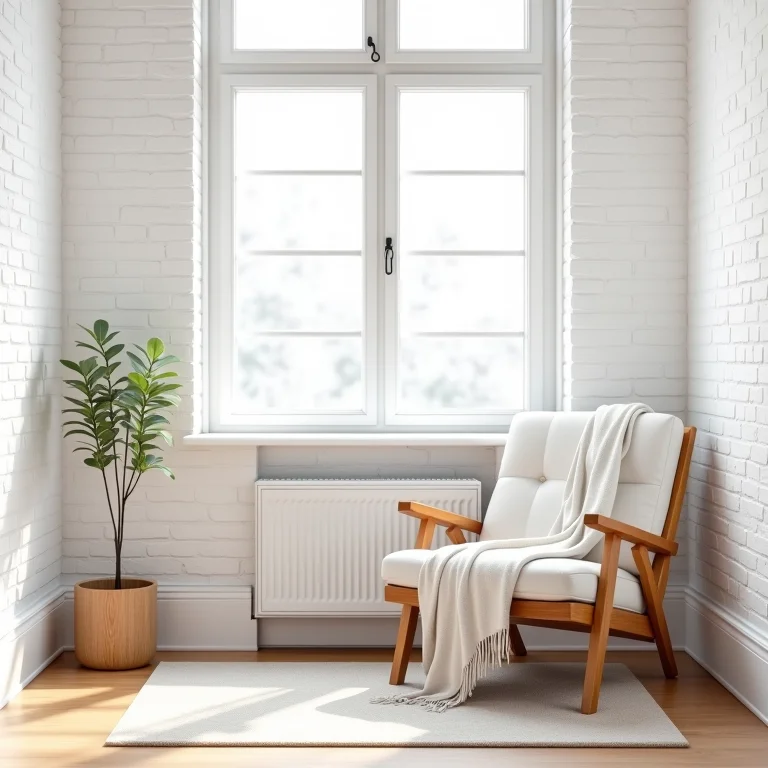 Detalhe de parede de tijolinho branco em sala de estar