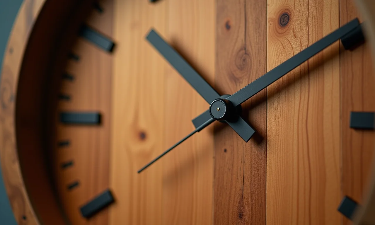 Detalhe de relógio de parede de madeira com textura natural.